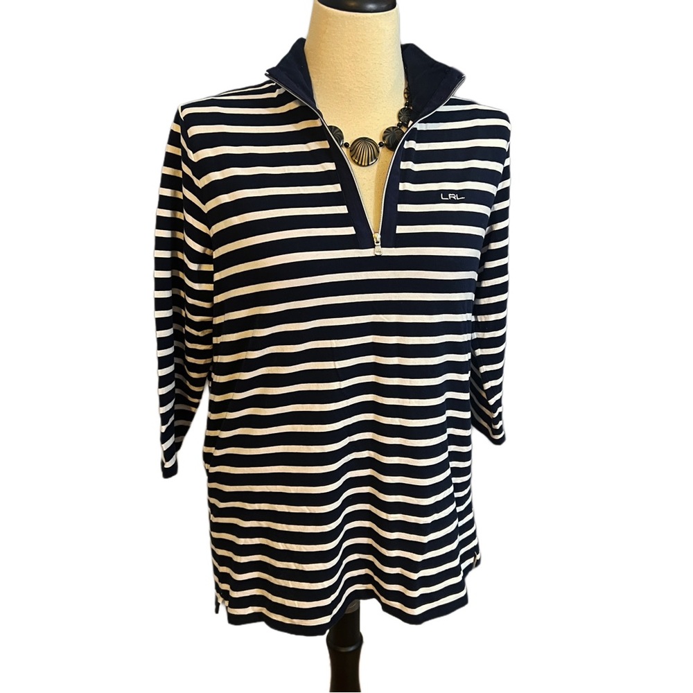 LRL Ralph Lauren Blue White Striped Polo Shirt Logo Preppy Nautical Womens 1X
